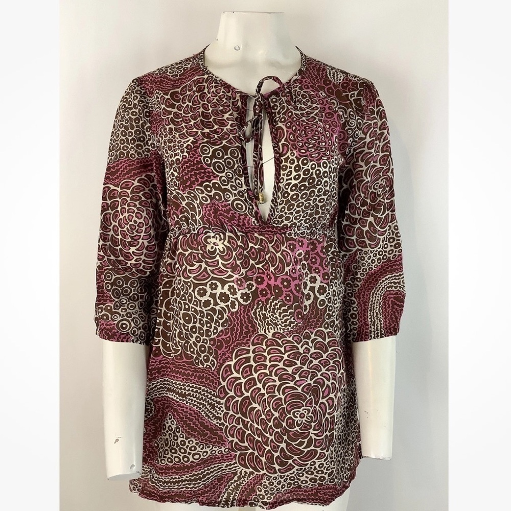 Trina Turk Sz M Cotton Silk Floral Print Tunic Top Pink Empire Waist